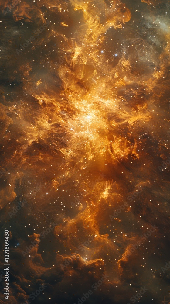Poster cosmic explosion illuminates the universe with fiery colors and starry backdrop in deep space