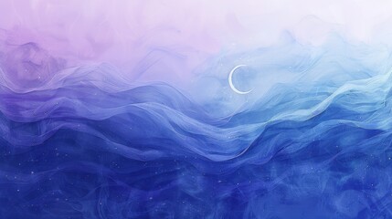 Obraz premium Serene abstract landscape with flowing waves of blue and purple, featuring a crescent moon above