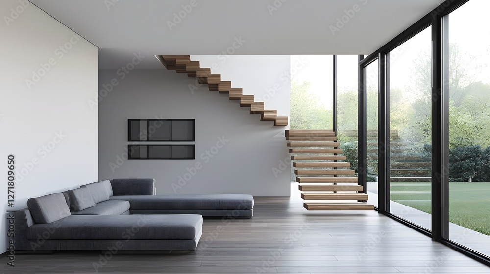 Poster minimalist modern house design featuring a floating staircase floor to ceiling windows and an open c