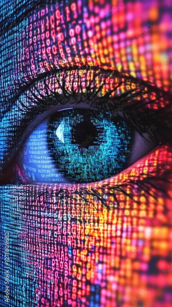 Aufkleber Close-up of an eye with binary code reflected on it, showcasing the connection between human vision and the digital world