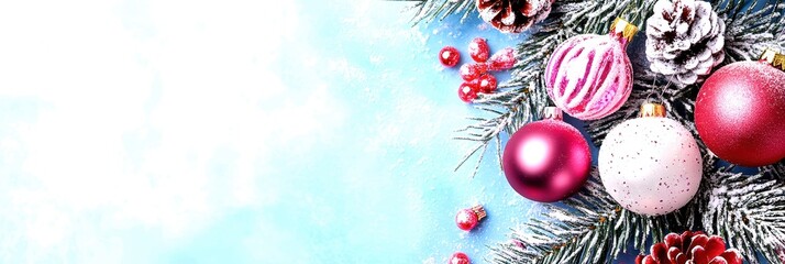 Colorful Christmas ornaments and pine cones on a festive background.