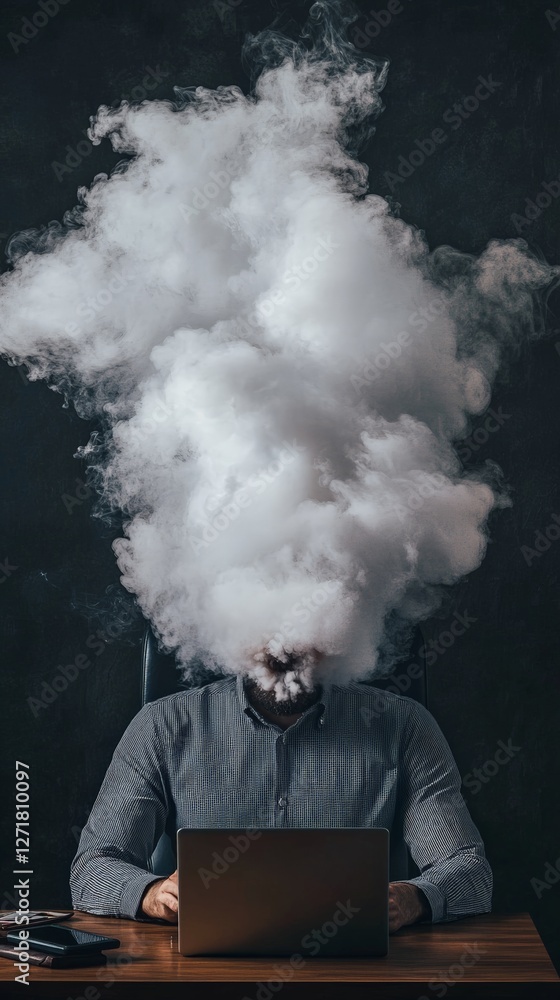 Aufkleber Office worker experiencing information overload and burnout while using laptop, with head exploding in a cloud of smoke, depicting stress, migraine, and mental health challenges