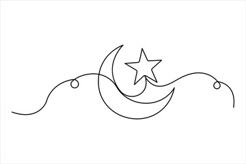 Moon continuous one line art drawing of Ramadan Kareem and Eid in outline vector illustration