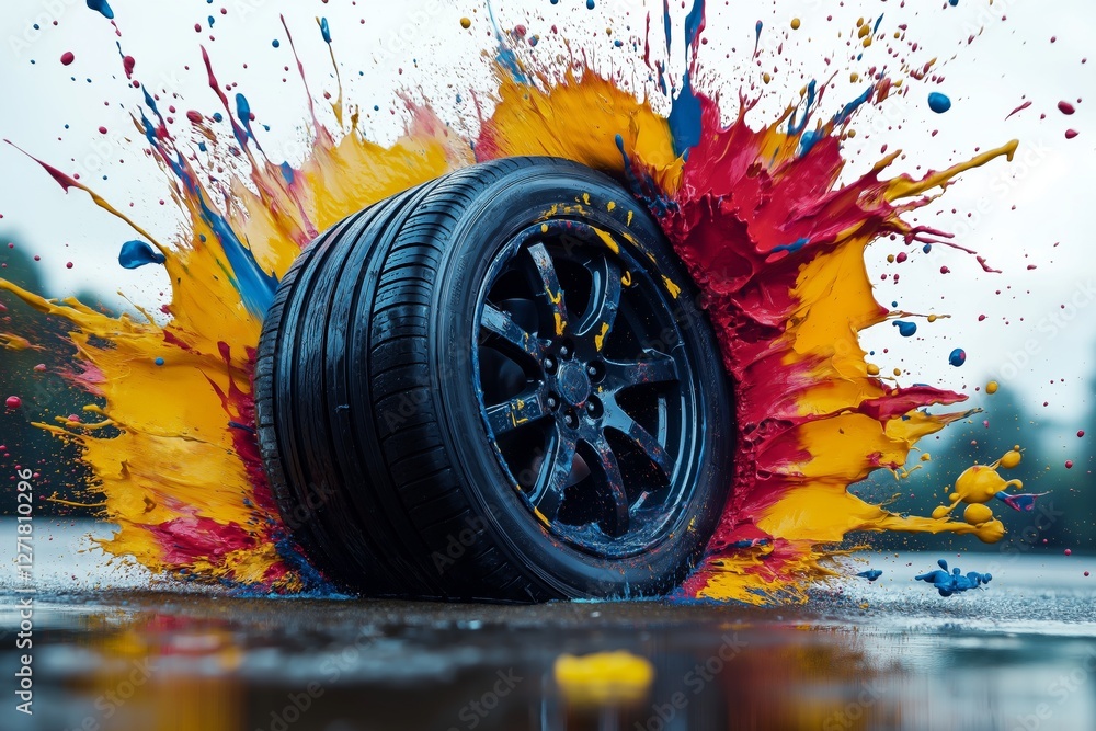 Poster an abstract composition of colorful paint splashes exploding around a car tire.
