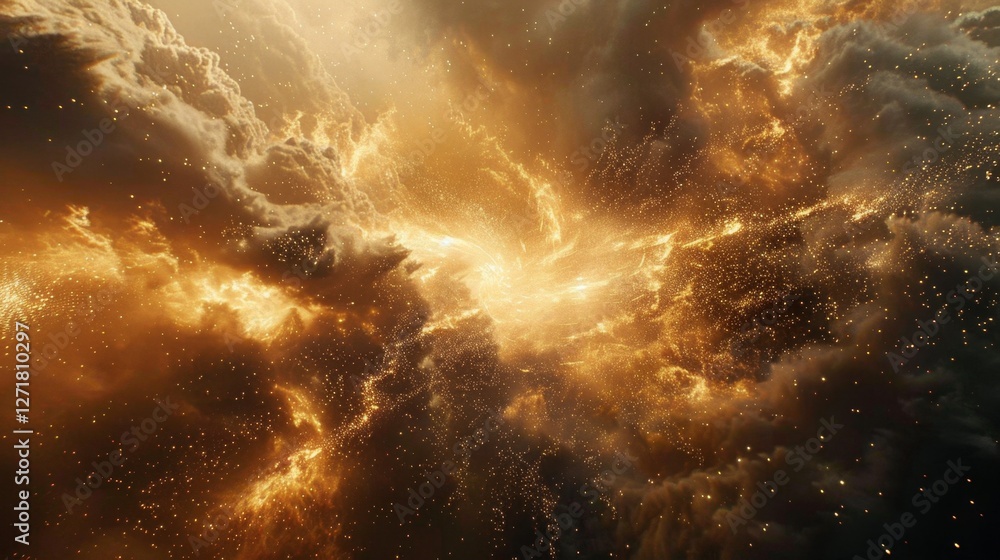 Poster celestial explosion of orange and gold light breaking through dynamic clouds in a cosmic spectacle