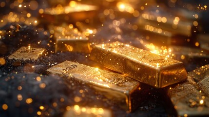 Golden bars reflect light in a mesmerizing display of wealth and opulence in a dimly lit environment