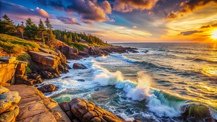 Naklejka premium Dramatic Nova Scotia Atlantic Coastline, Rocky Shore with Copy Space, Sunrise