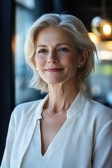 Fototapeta premium Woman with blonde hair in white shirt