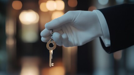 Gloved hand offers key; lobby, luxury