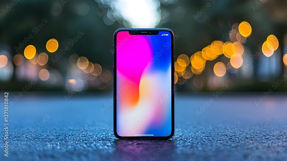 Poster modern smartphone on asphalt with colorful bokeh background