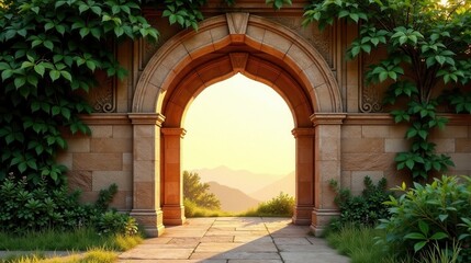 Naklejka premium Serene Archway Opening to a Vista of Distant Mountains at Golden Hour