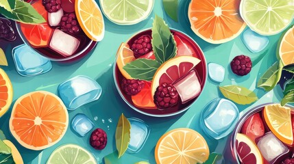 Colorful fruit cocktails with ice cubes and vibrant citrus garnishes on a turquoise background in summer. Generative AI