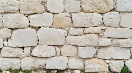 Fototapeta premium A close-up view of a white stone wall with various shapes and sizes of stones.