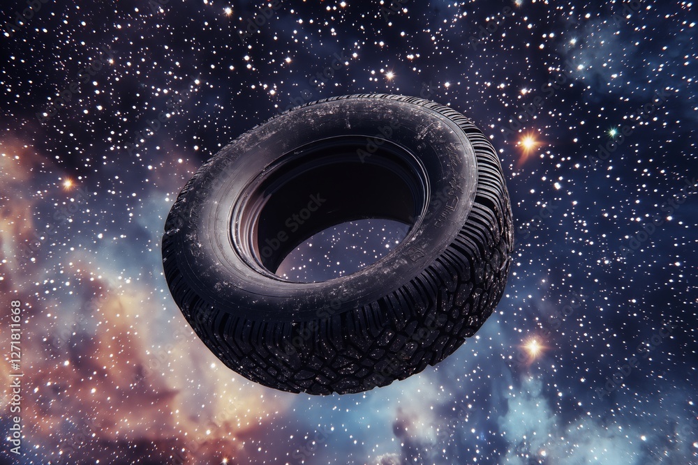 Poster conceptual image of a car tire floating in outer space, surrounded by stars and galaxies.