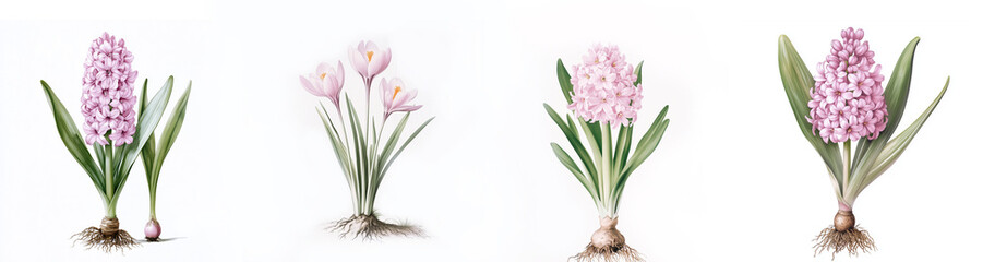 Fototapeta premium different spring flowers - hyacinths, crocuses delicate pink, pale tones. vintage botanical art light old paper background. copy space. banner