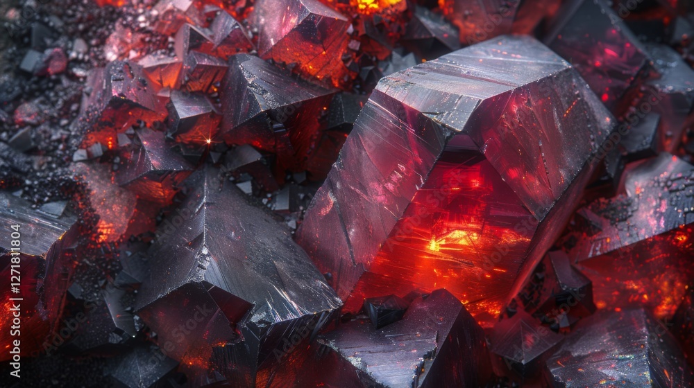 Aufkleber Glittering crystalline structures exhibit bright red hues and sharp angles, illuminated by vibrant light, creating an enchanting display of natural beauty and geological wonder.