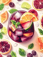Refreshing fruit cocktail with colorful garnishes and ice on a bright background. Generative AI