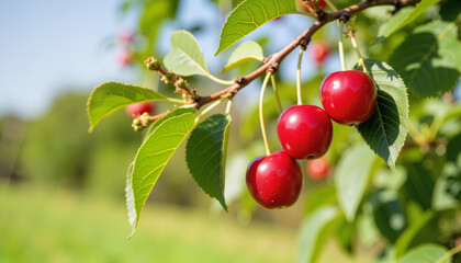 Obraz premium Ripe cherries hanging on tree branch, seasonal harvest celebration