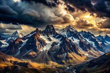 Dramatic Stormy Mountain Landscape - Aerial Drone View, Jagged Peaks, Rugged Terrain