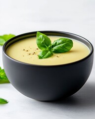 Creamy Vegetable Soup With Basil In A Bowl On A Neutral Background