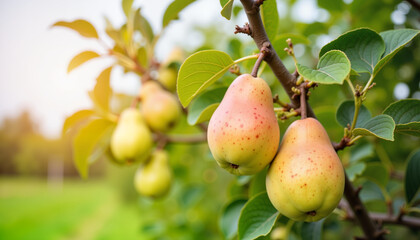 Ripened pears on tree branches in rural orchard, autumn harvest