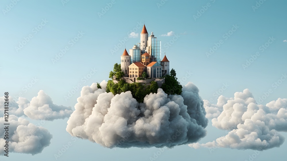 Aufkleber surreal floating city built above the clouds with interconnected glass bridges and tunnels creating 