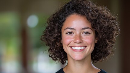 Fototapeta premium Smiling young woman with curly brown hair looking directly at the camera in a bright indoor setting.