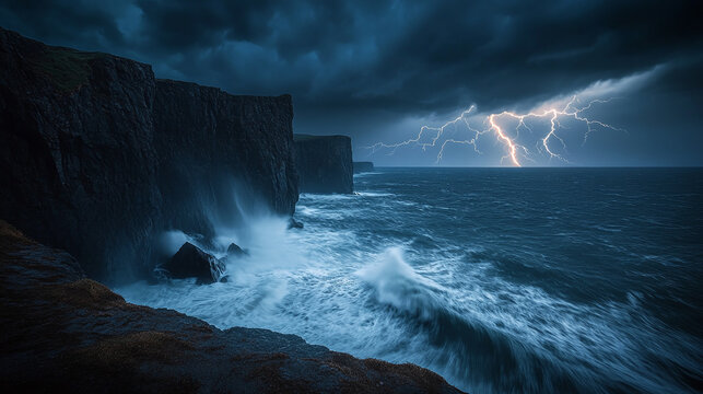Dramatic coastal thunderstorm with lightning illuminating the dark sky over rugged cliffs and rough ocean waves, creating a powerful and intense seascape.