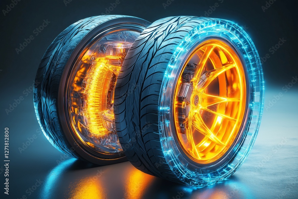 Poster high-tech futuristic tire with a transparent outer shell, displaying glowing internal mechanics.