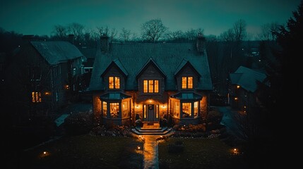 Evening view of lit house, suburban neighborhood, twilight