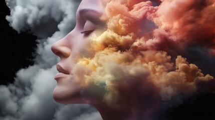 A serene woman's profile surrounded by vibrant, colorful clouds.