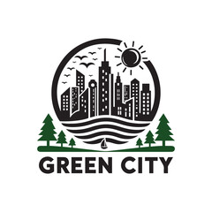 cityscape logo, circular design, skyscrapers silhouette, urban skyline