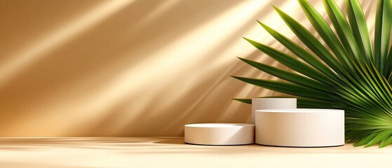 A serene arrangement of white containers on a wooden surface, accented by a green palm leaf and soft lighting, creating a calming aesthetic.