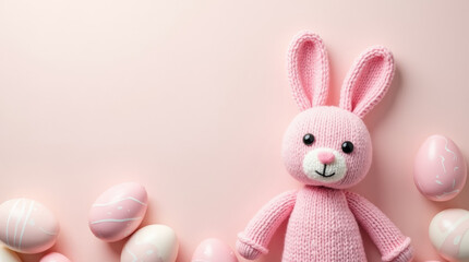 Knitted pink Easter bunny amigurumi with Easter eggs on pastel pink background, flat lay, top view, copy space