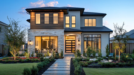 Obraz premium Modern two-story house exterior with wooden and stone facade, large windows, and manicured landscaping in a peaceful suburban setting.