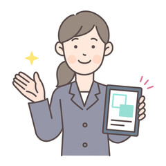 人物_線画03_タブレットで案内する会社員女性_ol