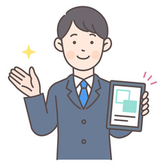 人物_線画03_タブレットで案内する会社員男性_ol