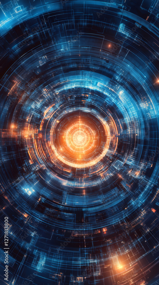 Poster circular digital portal emitting energy and processing data streams, symbolizing technological advan