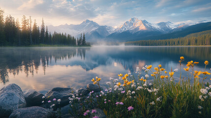 Serene mountain lake at sunrise with crystal clear water reflecting snow-capped peaks and misty pine forests, surrounded by wildflowers and rocky shoreline.