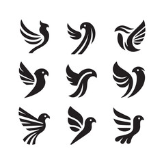 abstract bird logos, Minimalist bird icons, black silhouettes 
