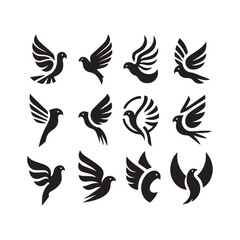 abstract bird logos, Minimalist bird icons, black silhouettes 