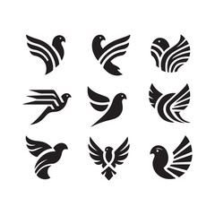 abstract bird logos, Minimalist bird icons, black silhouettes 