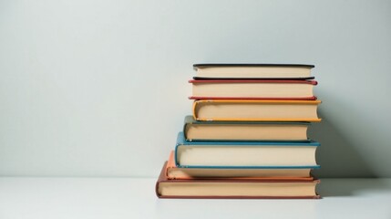 A neatly stacked collection of various colored books rests on a plain white surface against a light-toned backdrop, suggesting a quiet moment of reading or study.