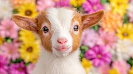 Cute baby goat among colorful flowers