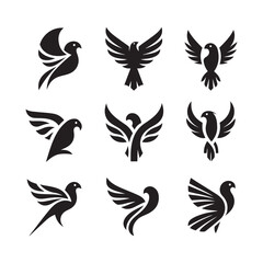 abstract bird logos, Minimalist bird icons, black silhouettes 