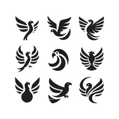 abstract bird logos, Minimalist bird icons, black silhouettes 