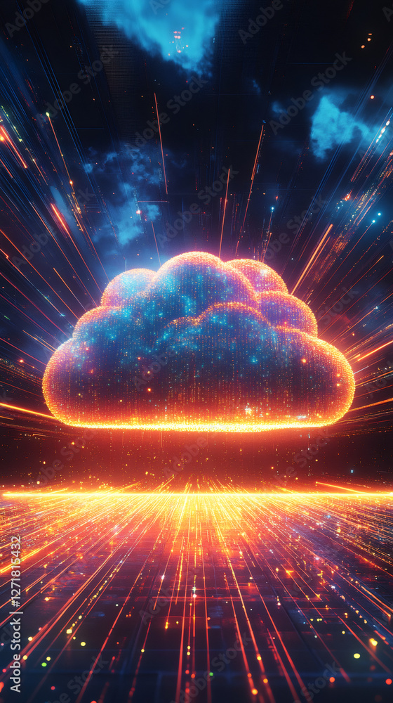 Poster Cloud computing transferring big data through fiber optic network with binary code and light trails