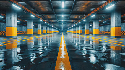 The basement room on the bottom floor of the building's parking lot is empty in an industrial cast concrete style. Abstract modern minimal background.