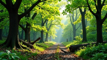 Sunlit Path Through a Lush Green Forest, Illuminated by the Morning Rays, Creating a Serene and Tranquil Atmosphere