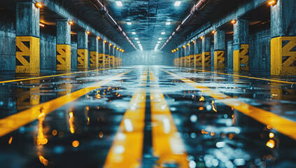 The basement room on the bottom floor of the building's parking lot is empty in an industrial cast concrete style. Abstract modern minimal background.
